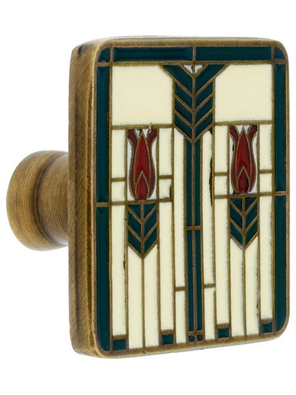 1 1/4 inch Square Prairie Tulips Knob in Antique Brass/Evergreen.